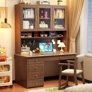 Solid Wood Study Desk With Glass Hutch Pegboard and 4 Drawers Reversible Side Cabinet Kids Writing Desk for Bedroom