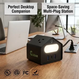 Space-Saving US Desktop Power Hub 4 AC Outlets 3 USB PD 18W with Smart Sensor Night Light