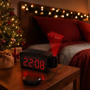 Sturdy ABS Projection Smart Vibration Table Alarm Clock FM Radio Dimmable LED Screen Bedside Companion for High-End Apartment