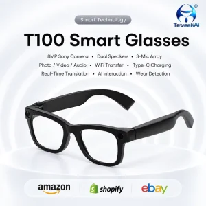 T100 Smart AI Glasses Professional Eyewear 8MP Camera Dual Mic ENC Voice Assistant Audio Video Recording Portable