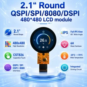 TDO 2.1 QSPI SPI 8080 DSPI 480×480 Round TFT LCD Circular IPS Screen Capacitive Touch LCD Module for ESP32 STM32 and Ard