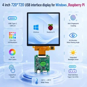 TDO 4.0 720×720 Type C USB 2.0 Interface Square Capacitive Touch Screen LCD Display Modul for Raspberry P iWindows macOS Linux