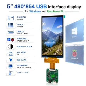 TDO 5USB Type C TFT LCD Module 480×854 IPS Display Integrated Driver for Raspberry Pi 4B and Windows 10 11 Smart Home HMI Panel