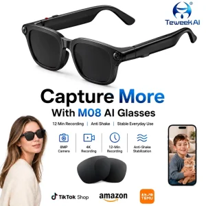 TeWeekAI M08 AI Smart Eyewear 8MP Camera 1080P Video Recording HD Call Music WiFi Transfer IP65 300mAh Battery 7 Hours Music