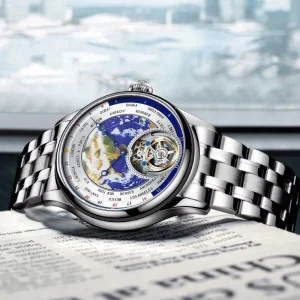 Tourbillon Mechanical Watch with Smart Dial Display in Stainless Steel and Sapphire Genuine Leather Trend Men’s