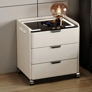 Traditional off White Smart Nightstand Tempered Glass MDF LED Lamp Wireless Charger USB Ports Two Drawer Bedside Cabinet Bedroom
