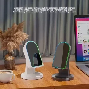 Trending New Portable Desktop Bracket Adjustable Foldable Phone Stand with Audio Wireless Speaker for Bed & Desk Use