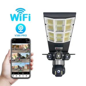 Triple Lens Solar Powered CCTV Camera With Solar Light Outdoor Waterproof Security Camera Color Night Vision Human Detection