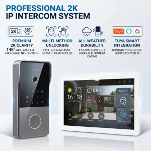 Tuya 2K IP Video Intercom System Kit 7 Inch IPS Touch Screen NFC Face ID Smart Doorbell with 4 Outdoor Units 4 Monitors