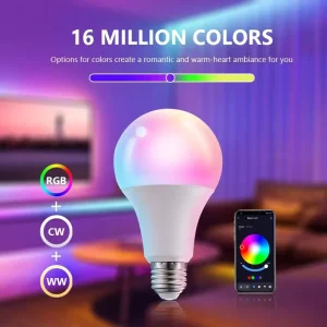 Tuya AC85-265V 9W 10W 12W 15W E27/E26/B22 Bluetooth App-Controlled Smart LED Bulb, Compatible with Google Assistant and Alexa, RGB+CW+WW
