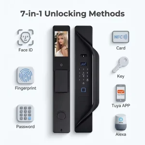 Tuya High End 7 in 1 Biometric WiFi Smart Lock Cloud Storage Alexa Compatible 4200mAh Battery 3D Face ID Wood Home Security