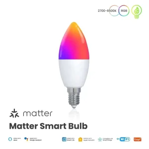 Tuya Matter Wi-Fi Smart Light Bulb, Dimmable LED, 16 Million RGB Colors, E14 Candle Bulb, Voice Control, Alexa, Google Home