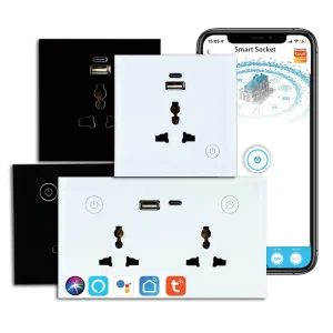 Tuya Smart Home Wifi Power Plug Socket Tempered Glass Wifi Universal Wall Socket Alexa Voice Control Smart Usb Wall Socket