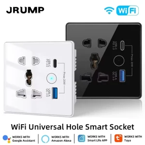 Tuya Smart Home Zigbee Wi Fi Tempered Glass Universal 5 Hole Wall Socket Type C + USB Fast Charging Ports Alexa Google Home