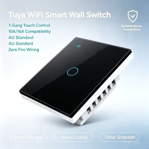 Tuya WiFi 1-Gang Zero Fire Smart Wall Socket Aluminum Touch Screen USB Port 10A 16A AU US CN Standard Black Power Switch
