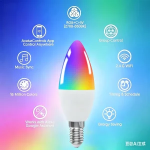Tuya Smart WiFi E14 Candle-Shaped LED Bulb 5W 450LM RGBCW 16M Colors, Alexa and Google Voice Control, AC85-265V PST-WFC37