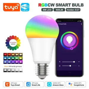 Tuya Smart WiFi LED Bulb E27 9W 900LM RGBCW Mini Dimmable Bulb AC 85-265V Compatible with Alexa and Google Home, Suitable for Home Use PST-WFA19