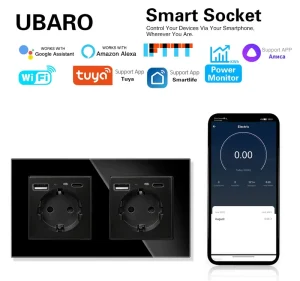 Tuya WiFi Smart Double EU Schuko Wall Socket 157mm with 2 USB-A 2 Type-C 16A Power Monitor Alexa Google Yandex Alice