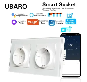 Tuya WiFi Smart Double EU Schuko Wall Socket 16A IP20 Glass Panel Power Monitor Alexa Google Home Yandex Alice White
