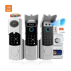 Tuya WiFi Video Intercom Waterproof Face Recognition Fingerprint Door Lock Remote Smart Lock for Wood Door Cloud Storage