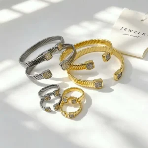 Two Tone Bangle and Ring Set Gold Silver Ribbed Band Square Pave CZ Jewelry for Women Party Gift