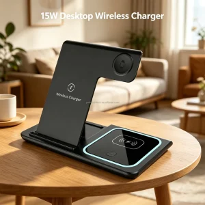 Type-C Night Light 15W Foldable 3-in-1 Wireless Phone Charger Stand for iPhone 15 Pro Max