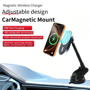 High-Quality Foldable Aluminum Magnetic Car Charger Mount, Type-C Port, 15W Wireless Charger for iPhone and Android