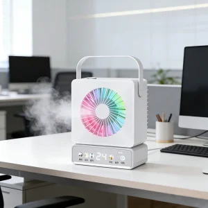 Type-C Rechargeable Oscillating Air Cooling Fan Remote Control Mist Humidifier Multispeed Portable Eco-Friendly Colorful Light