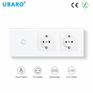 UBARO 1 2 3 Gang Touch Switch with 2 EU Standard Wall Socket White Tempered Glass Panel Smart Home Electrical Outlet Power Plug