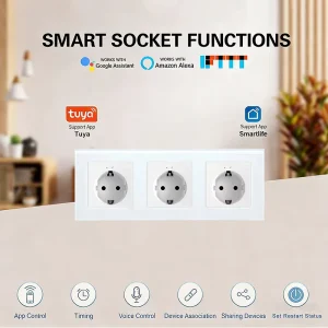 UBARO 228mm Tuya WiFi Smart Triple EU Wall Socket 16A Glass Panel Triple Power Monitor Alexa Google Home Yandex Alice