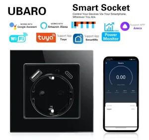 UBARO 82mm Tuya WiFi Smart Wall Socket EU Schuko 16A Glass Panel USB Type-C Power Monitor Alexa Google Home Yandex Alice IP21