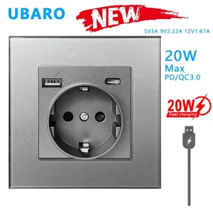 UBARO 86mm EU Wall Socket with 20W PD Type-C USB Fast Charging 16A Schuko Tempered Glass Panel Luxury Power Outlet Grey