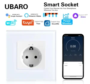UBARO Tuya WiFi Smart Socket 86mm 16A EU Schuko Wall Outlet with Power Monitor Glass Panel Alexa Google Home Yandex Alice