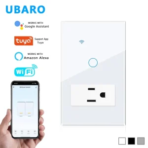 UBARO Tuya WiFi Smart Switch 1 Gang with US Standard Wall Socket 118 Type Glass Touch Panel for Alexa Google Home Smart Life