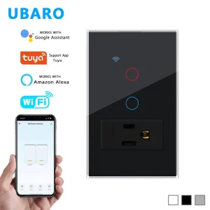 UBARO Tuya WiFi Smart Switch 2 Gang with US Standard Wall Socket 118 Type Glass Touch Panel for Alexa Google Home Smart Life