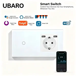 UBARO WiFi Smart Switch EU Double Usb Wall Socket Tempered Glass Touch Panel Voice Control Alexa Yandex Alice for App IP20