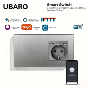 UBARO WiFi Smart Switch EU Home Wall Socket Tempered Glass Touch Panel Voice Control Alexa Yandex for App IP20 1 Gang 1 Way