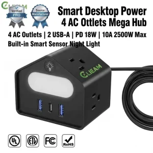 US 2500W Power Strip 4 AC Outlets PD 18W USB C Fast Charger Station with Smart Night Light