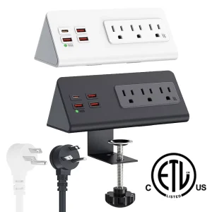 US Desk Clamp Power Strip with PD20W USB C 6.56FT Flat Plug Extension Cord Desktop Edge Power Socket