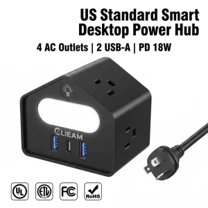 US Desktop Power with Smart Sensor Night Light 4 AC Outlets PD 18W USB C Fast Charging