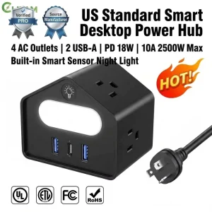 US House Shape Smart Desktop Power Hub 4 AC Outlets 2 USB PD 18W Smart Sensor Night Light 2500W Power Strip UL