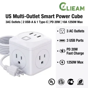 US Multi-Outlet Power Cube PD 20W USB C, UL Listed 1250W Smart Extension Socket