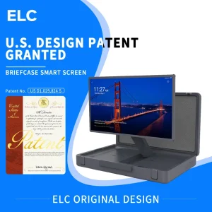 US Patent Protected Portable Android Smart Display with 27 Inch Touchscreen Briefcase Housing for Outdoor Media and Karaoke