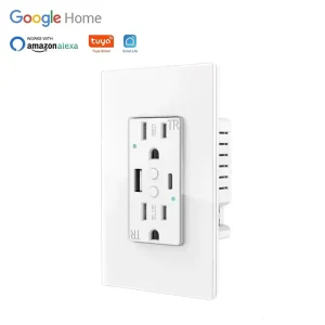 US Power Plug WIFI Smart Wall Socket USB Type-C Outlet PD 20W Fast Charger Glass Panel Remote by Tuya Alexa Google Home