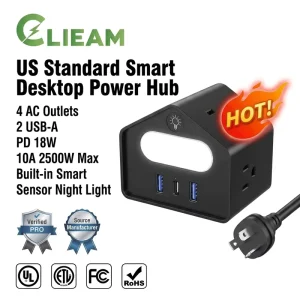 US Standard Safe Power Hub 2500W 10A Power Strip with Smart Night Light