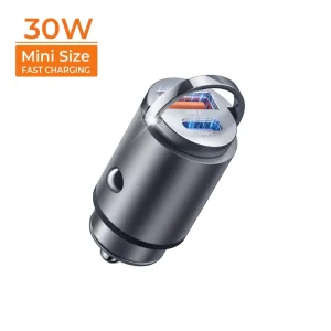 Ultra Mini 30W Portable Dual Ports Car Charger USB-C PD QC3.0 Fast Charging OTP/OVP Protection Aluminum Alloy Pull Ring
