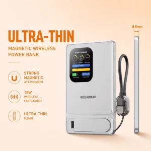 Ultra Slim Aluminum Alloy Magnetic Wireless Power Bank 10000mAh PD20W Fast Charge Portable with Stand and LED