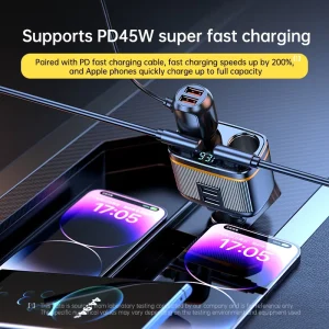 Universal Car Cigarette Lighter Socket Splitter with 2 USB C 2 USB A Fast Charger Digital LED Voltage Monitor for Cars Truck SUV