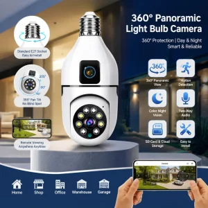 V380 Pro Dual Lens Home CCTV Security Camera E27 Light Bulb & WiFi Lamp PTZ with Memory Card Data Storage Option