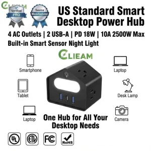 Verified PRO US Desktop Power Station 4 Outlets PD 18W USB C Surge Protector with Night Light